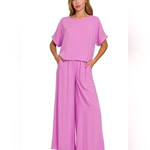 Zenana Round Neck T-Shirt and Wide Leg Pants Set Women's Pink Wide-Leg Pants